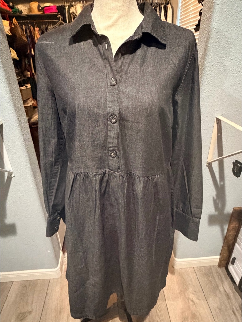 Nine West Charcoal Gray Chambray Shirt Dress-Med